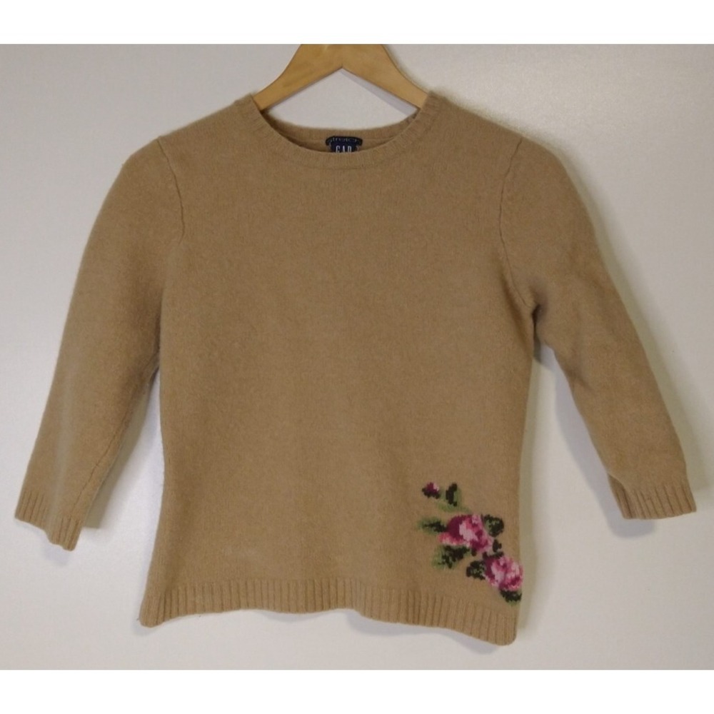 Gap Womens XS/S Lambswool Tan Sweater Embroidered 3/4 Sleeve